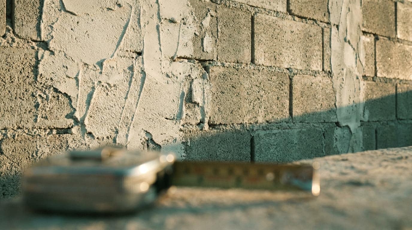 Parede de bloco de concreto com reboco aplicado até a metade, sob luz rasante de fim de tarde.