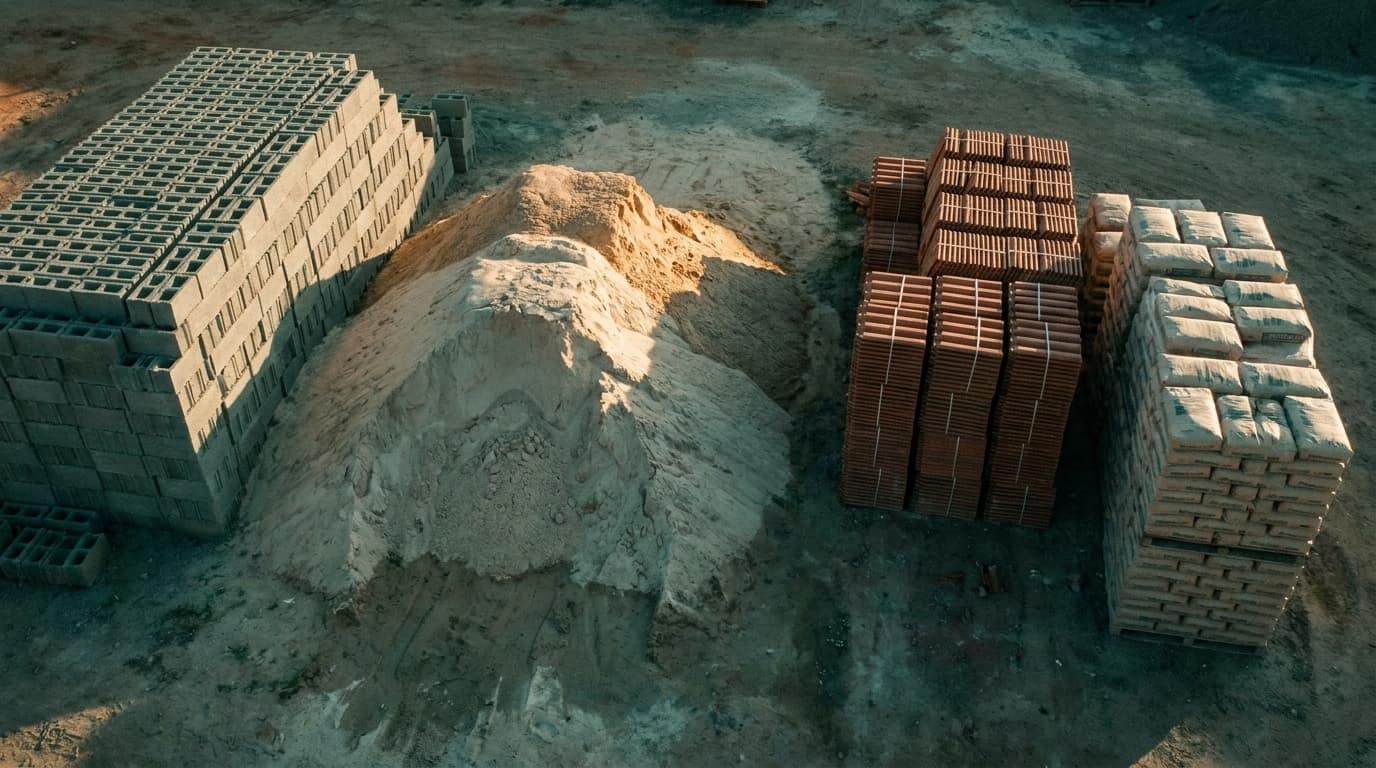Pátio de obra visto do alto, com material de construção separado em pilhas de tamanhos diferentes e sombras longas.