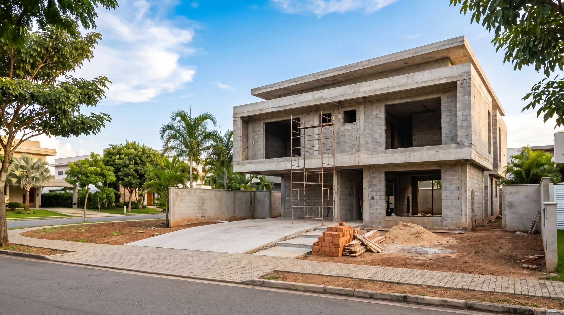 A obra em estrutura, com andaime e tijolos